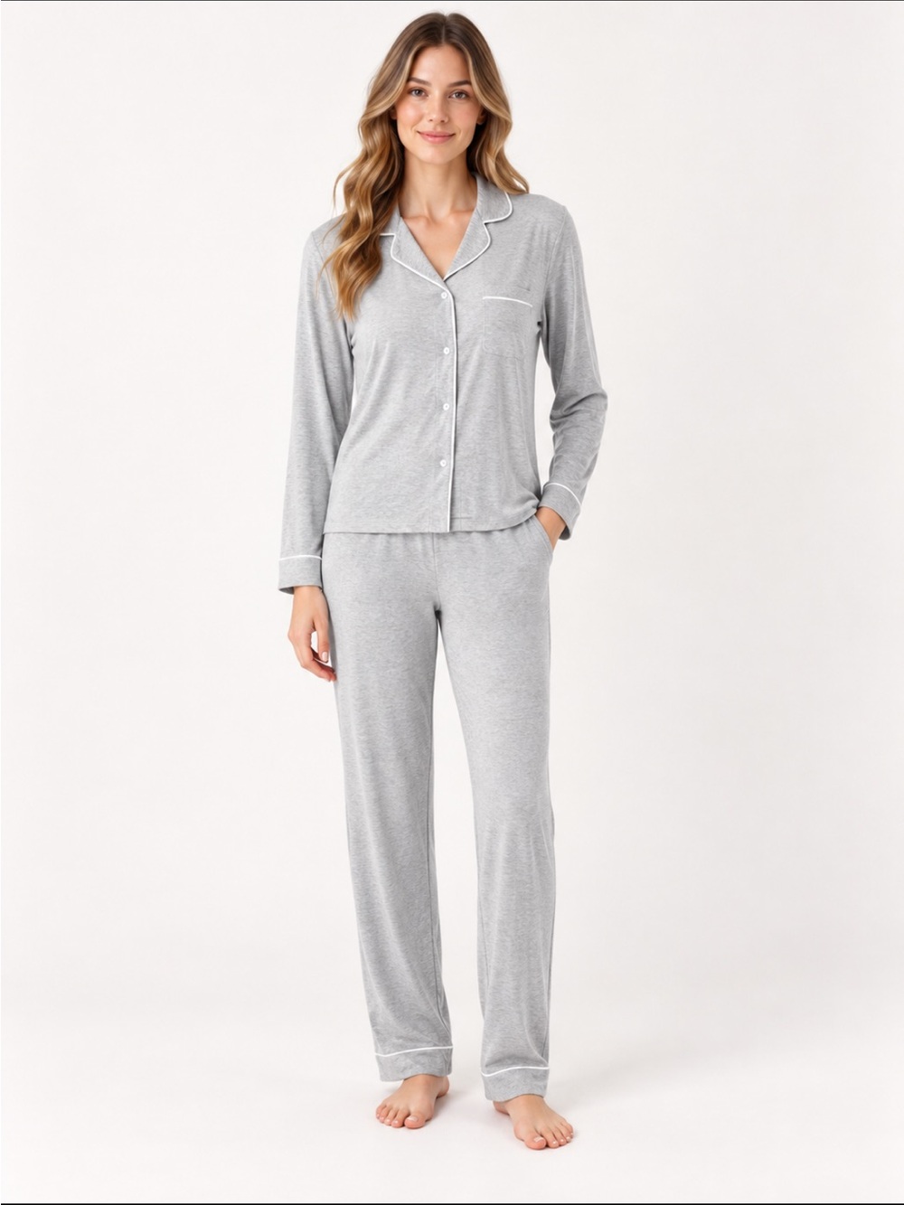 MEMBERS MARK Women’s Knit Long Sleeve/Long Pants Pajama Set Gray Elastic Waist